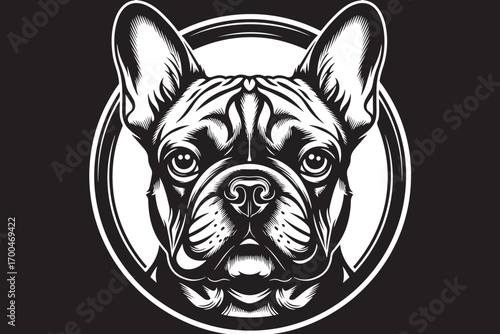 A captivating french bulldog portrait, showcasing its distinctive features, charming expression, and iconic bat ears in a striking black and white circular design vector illustration