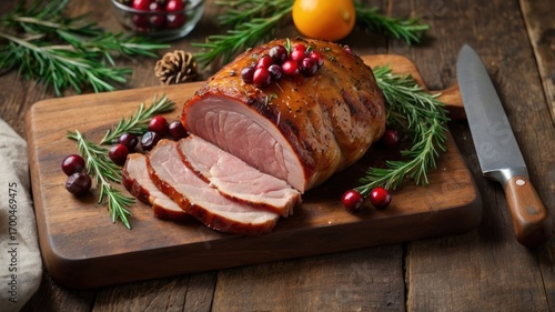 Succulent Sliced Holiday Ham with Cranberry Glaze and Rosemary on a Rustic Table