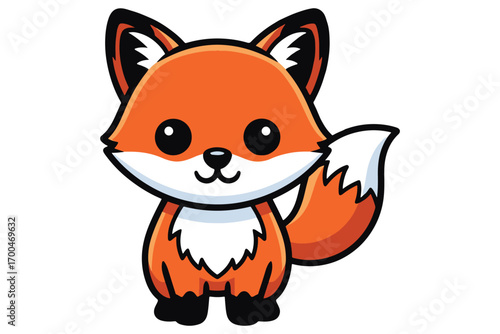 Adorable cartoon fox with big eyes, isolated on white background, radiates charm and playfulness in a vibrant orange and white color palette vector illustration
