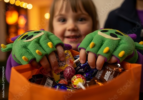A young girl with Halloween dragon gloves reaching into an orange candy bag filled with treats.