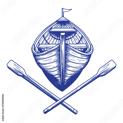 Vintage blue rowing boat illustration with crossed oars isolated on white background