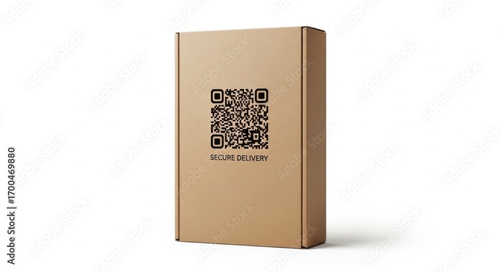 Brown Cardboard Package with Qr Code and Secure Delivery Label in Minimalist Style Brown Cardboard Package with Qr Code and Secure Delivery Label in Minimalist Style