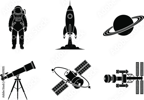 Space exploration silhouette vector set, astronaut, rocket launch, planet with rings, telescope, satellite, space station, astronomy science, cosmic technology icons