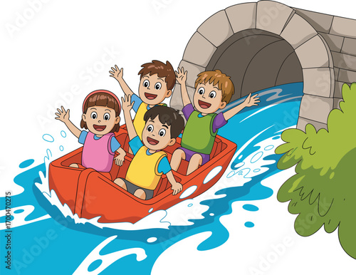 Excited kids riding water rafting boat, children having fun on water ride, amusement park adventure, group enjoying water activity, happy kids, summer fun