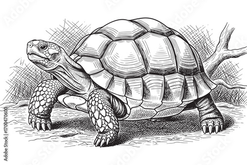 A detailed tortoise illustration, showcasing its textured shell and sturdy build isolated on white background, a captivating reptile depiction vector illustration