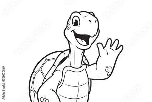 A cheerful turtle waves its flipper, isolated on white background, radiating positivity and friendliness in a delightful cartoon style vector illustration