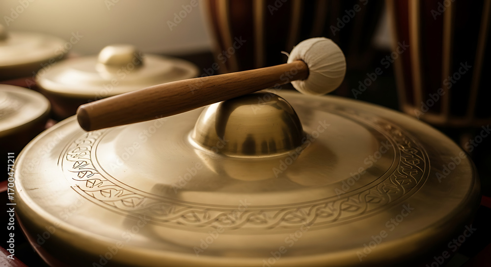 Obraz premium Evocative close-up of an ornate traditional bronze gong from a Gamelan orchestra, highlighting its cultural significance and musical tradition