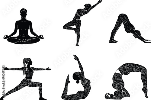 Yoga silhouette vector set, meditation and fitness poses, patterned figures in balance, flexibility, strength, wellness, spiritual practice, artistic workout design