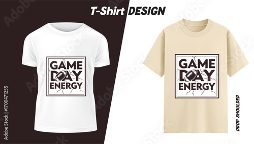 T shirt Design Mockup Featuring Game Day Energy Graphic in White and Beige Color Options with Drop Shoulder Style