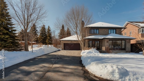 Sun-Drenched Suburban Stone House Surrounded by Deep Winter Snow and Leafless Trees