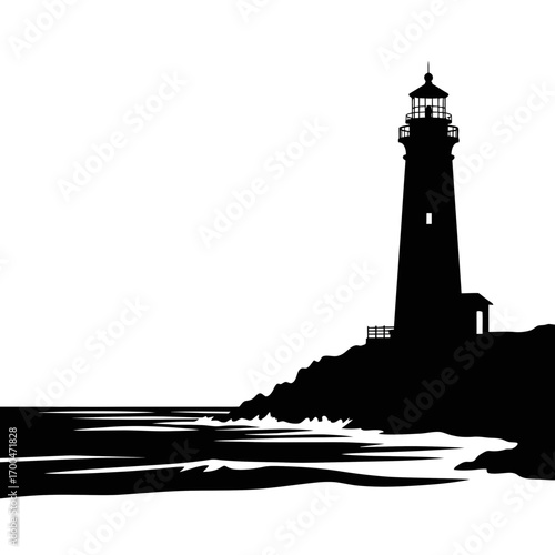 Tall lighthouse silhouette on rocky coastline isolated on white background