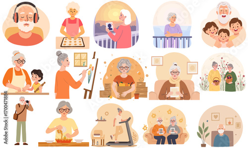 Collection of senior people in everyday life. Diverse elderly men and women portraits. Set of happy and active senior characters. Elderly people in various daily activities illustration. Elderly set