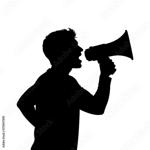 Man shouting through megaphone silhouette isolated on white background