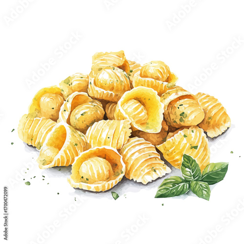 A minimal layout, Watercolor painting of gnocchi pasta with basil leaf, delicately hand-painted with artistic brush strokes, white background, vector EPS. simple vector illustration