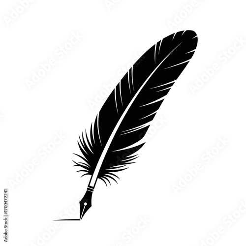Black feather quill writing silhouette isolated on white background