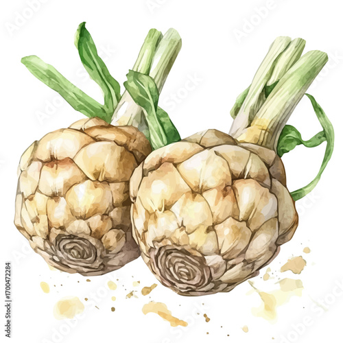 A painting of Jerusalem artichoke set, Simple Illustration, watercolor style, minimal yet artistic elements for creative designs. EPS format, isolated on transparent background