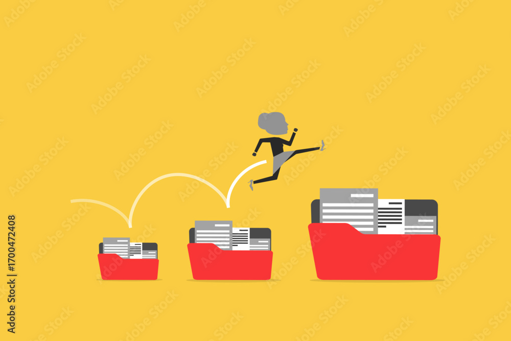 Business woman jumping to the big folder. concept of Career growth development plan, job promotion Business woman jumping to the big folder. concept of Career growth development plan, job promotion