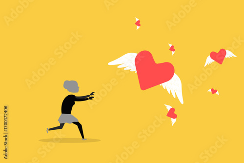 Business woman running catch flying passionate lovely heart. concept of Searching for passion, motivation or work inspiration, finding relationship, romance dating, desire or aspiration