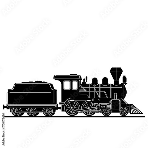 Vintage steam locomotive and coal car silhouette isolated on white background