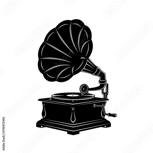 Vintage gramophone silhouette isolated on white background