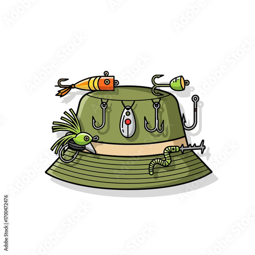 Fun cartoon illustration of a fishing hat adorned with various fishing lures, hooks, and a wiggly worm, perfect for outdoor activity and hobby enthusiasts