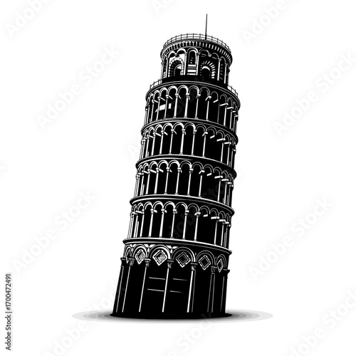 Leaning tower of pisa silhouette isolated on white background
