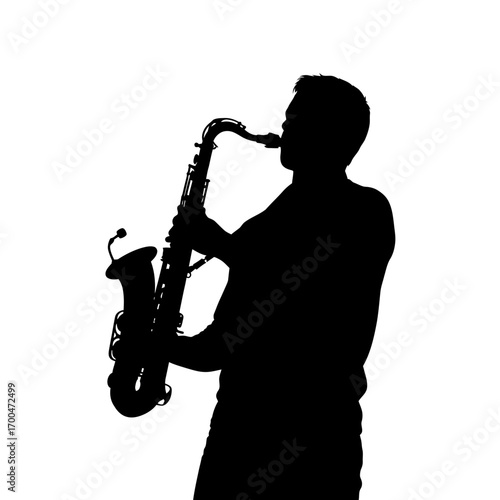 Man playing saxophone silhouette isolated on white background