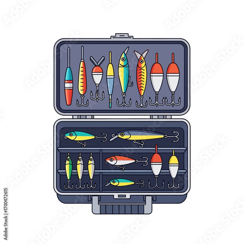 An open tackle box filled with various fishing lures, bobbers, and hooks, showcasing essential gear for anglers to catch a variety of fish