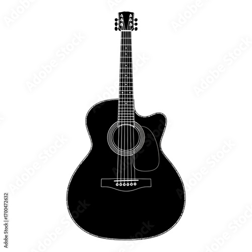 Black acoustic guitar silhouette isolated on white background