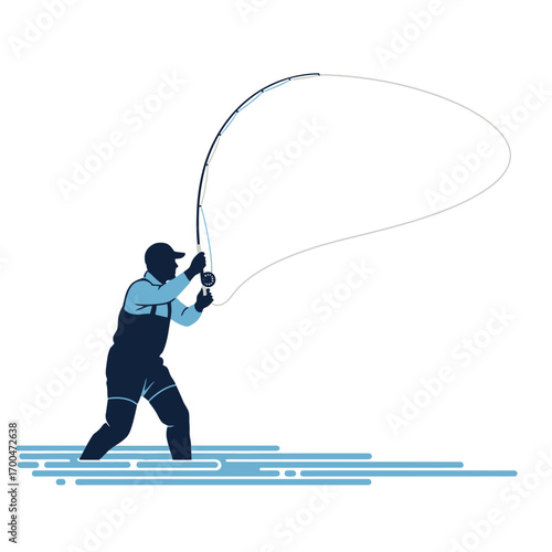 Silhouette of a fisherman casting a line in the water, fly fishing for sport, outdoor activity, and a leisure pursuit