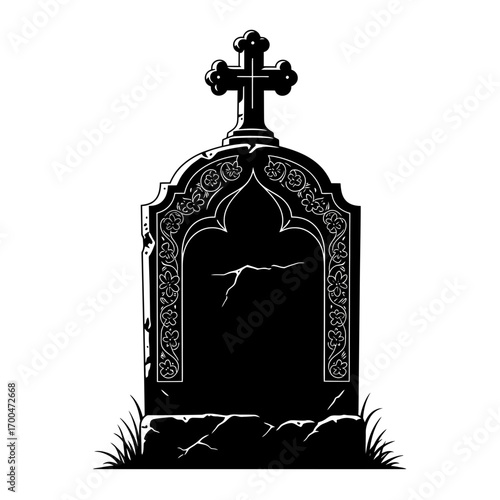 Gothic tombstone with cross silhouette isolated on white background