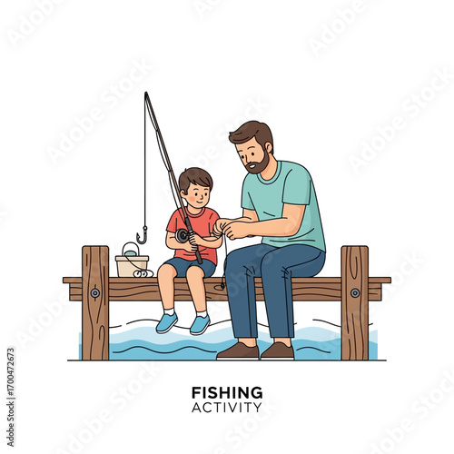 Father and son enjoy a peaceful fishing trip together, creating lasting memories by the tranquil water, a moment of bonding and outdoor leisure