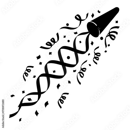 Confetti and streamers exploding from party popper silhouette isolated on white background