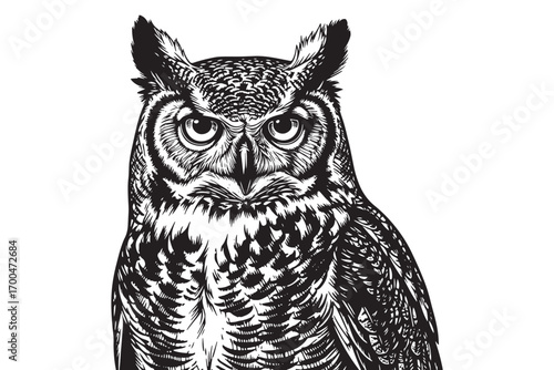 A striking great horned owl stares intently, isolated on white background, capturing the essence of nocturnal wisdom and the beauty of avian predators vector illustration