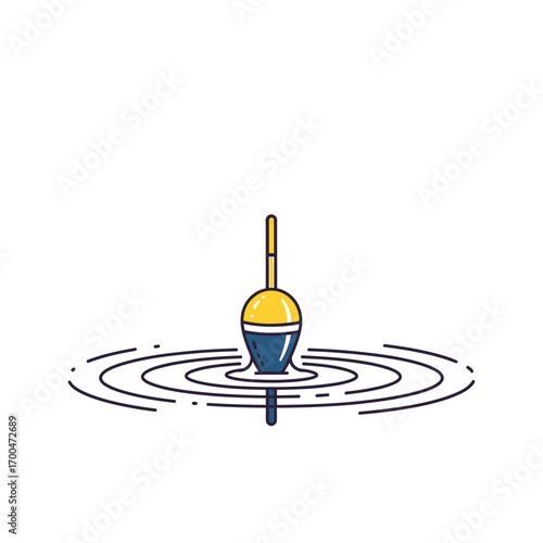 Fishing bobber floating on rippling water surface, illustration representing leisure activity and outdoor pursuit of angling, simple graphic icon