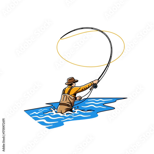 A fly fisherman in waders casting a line while standing in a river surrounded by blue water, representing the hobby of fishing and outdoor recreation