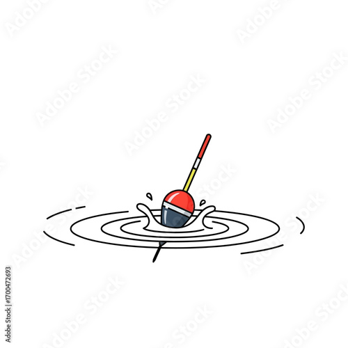 A fishing bobber with a red and white stripe floats on the water's surface, creating ripples that spread outward in concentric circles