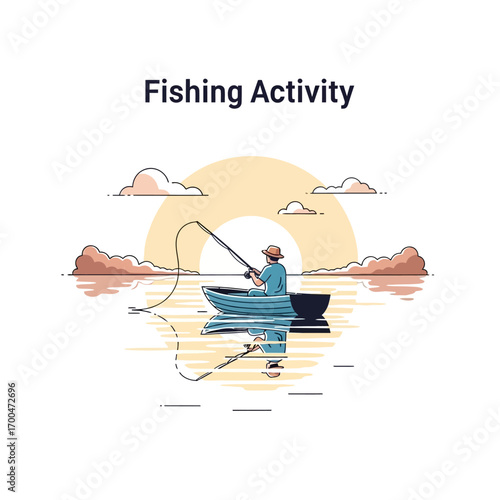 A lone fisherman in a rowboat casts a line into calm water, enjoying a peaceful fishing activity with a serene sunset reflecting on the surface and clouds above