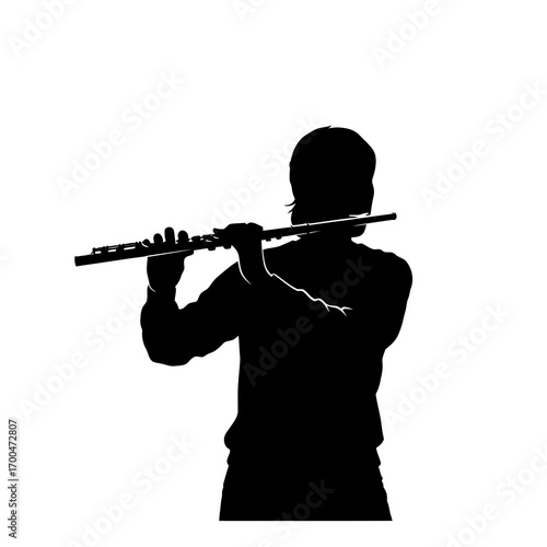 Person playing flute silhouette isolated on white background