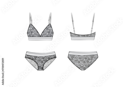 Women Lingerie Laces With Trims Details Bralette Bra And Panty Set, Front & Back View, fashion flat sketch, Front & Back View, Editable Flat Technical Drawings Illustration, Intimate Mock up