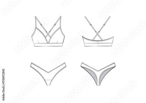 Women Lingerie Sporty Cross Back Bralette Bra And Thong Set, Front & Back View, fashion flat sketch, Front & Back View, Editable Flat Technical Drawings Illustration, Intimate Apparel Mock up