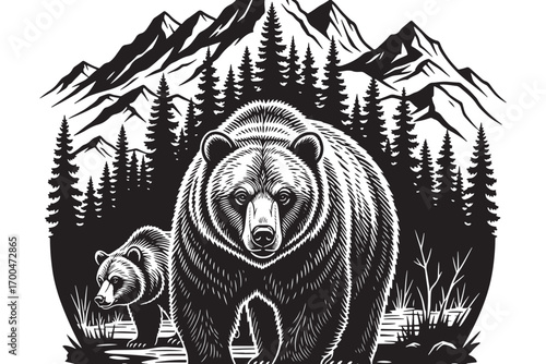 A formidable grizzly bear stands tall amidst a forest backdrop, isolated on white background, showcasing the raw beauty and power of wildlife vector illustration