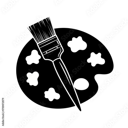 Paintbrush and palette silhouette isolated on white background
