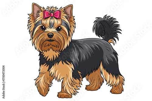 Adorable yorkshire terrier isolated on white background with a pink bow, exuding charm and playfulness in a delightful and endearing portrait vector illustration