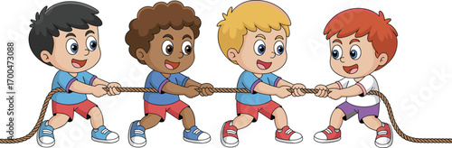 Four happy boys playing tug of war, energetic kids pulling rope in team game, childhood fun, teamwork, competition, outdoor activity