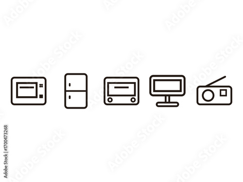 冷蔵庫、電子レンジ、トースター、テレビ、ラジオのアイコンのセット