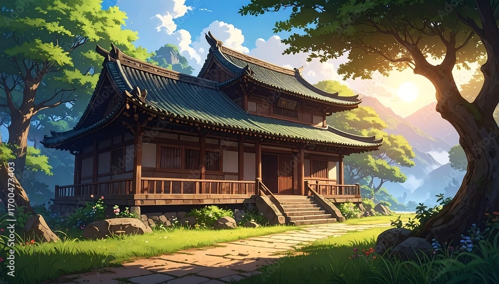 Obraz premium A serene, sunlit Asian-inspired temple nestled amidst lush greenery and rolling hills.