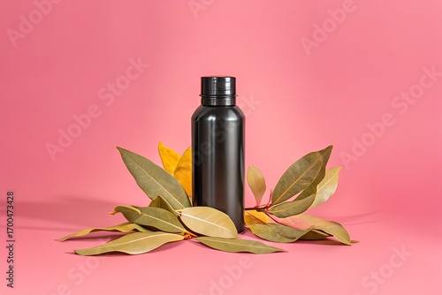 Elegant Black Bottle with Leaves: Product Photography for Cosmetics, Beauty, and Wellness Brands