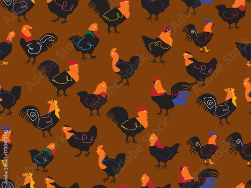 Cute sketch chicken, hen, rooster seamless pattern hand drawn vector illustration background. Design for greeting cards,wallpaper, textile and banner.