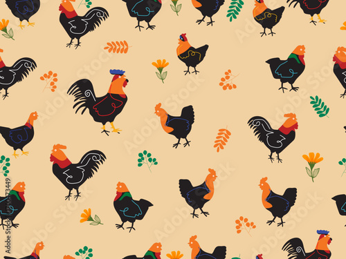 Cute sketch chicken, hen, rooster seamless pattern hand drawn vector illustration background. Design for greeting cards,wallpaper, textile and banner.